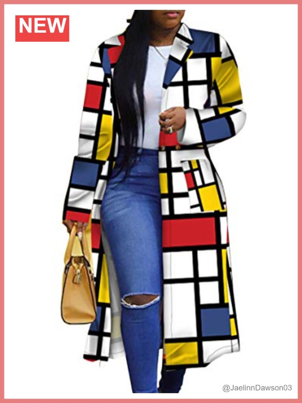 Women's Geometric Print Double Breasted Trench Coat Long Jacket